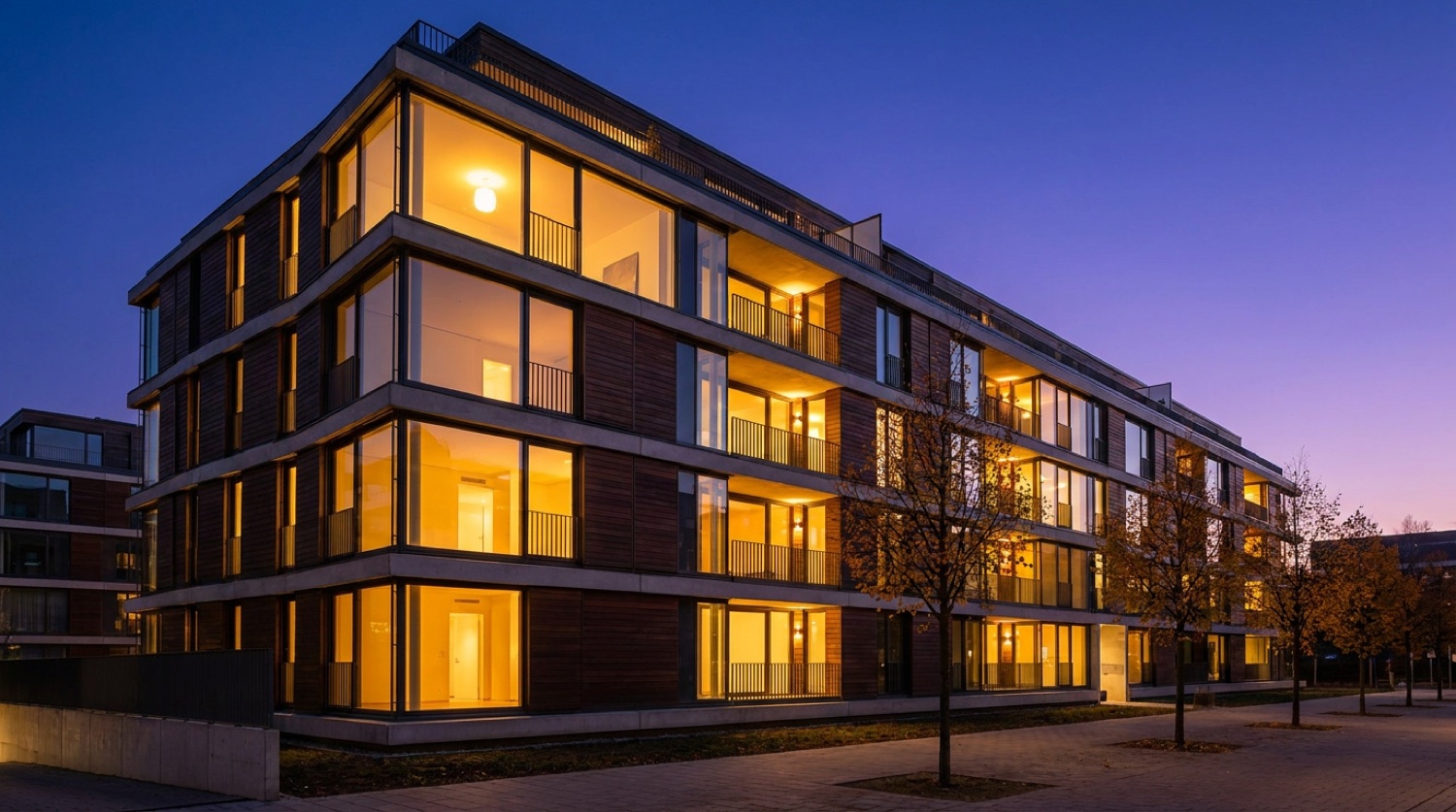 Moderne Immobilie am Abend